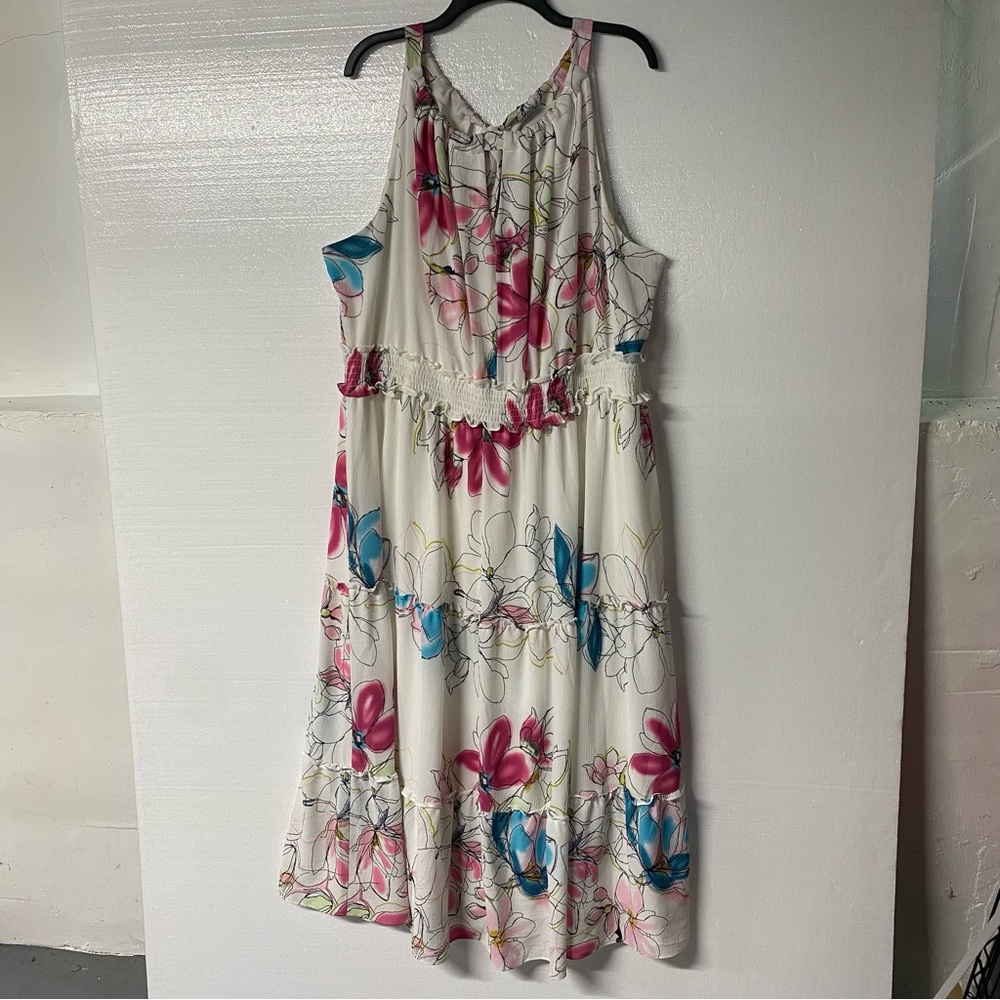 Lane Bryant Maxi Dress 26/28 White Colorful Floral Ruffle Tie Back Sleeveless
